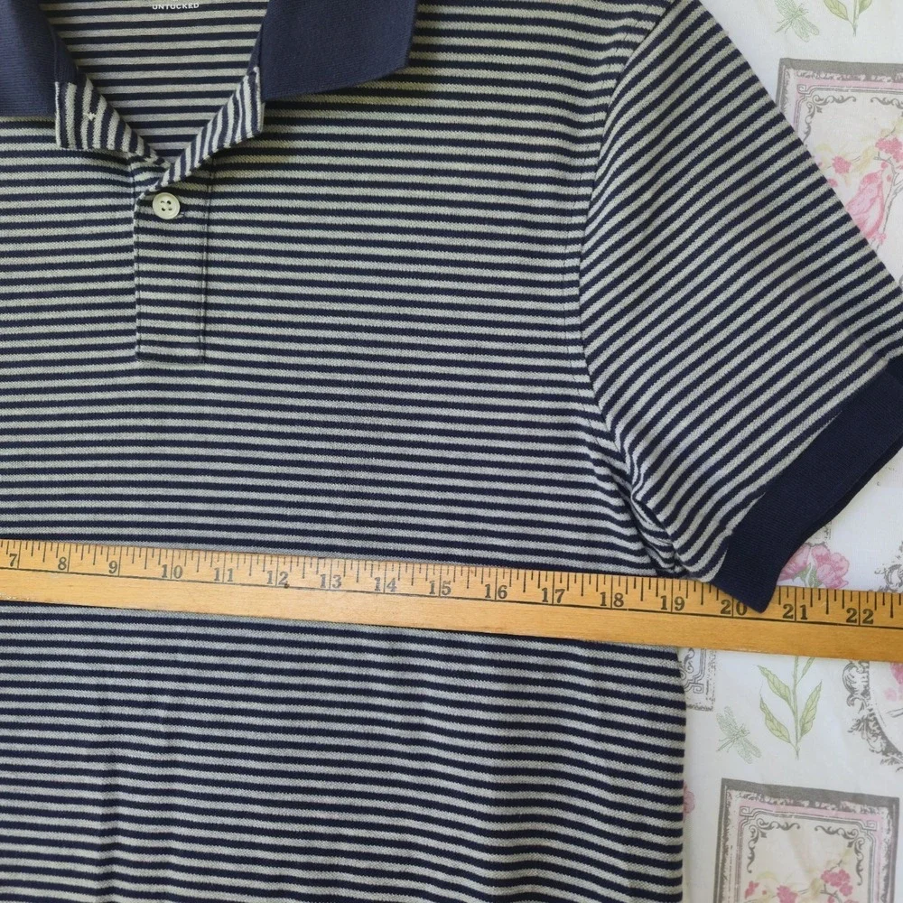 J. Crew Flex Piqué Polo Shirt Mens Medium M Navy Blue Gray Striped Untucked Fit